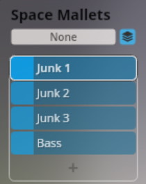Synchron Smart Orchestra Space Mallets virtual instrument interface showing sound options like Junk 1, Junk 2, Junk 3, and Bass.