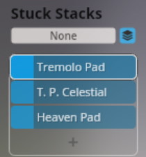Screenshot of a user interface for Synchron Smart Orchestra showing Stuck Stacks with None selected, and three sound patches listed below: Tremolo Pad, T. P. Celestial, and Heaven Pad, indicating instrument sounds or effects for music production.