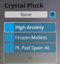 A digital audio workstation (DAW) interface displaying sound presets for Crystal Pluck, including High Anxiety, Frozen Mallets, and Pl Pad Spain At, within the Synchron Smart Orchestra software.