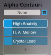 Screenshot showing Alpha Centauri user interface with sound preset options: None, High Anxiety, H. A. Mellow, and Crystal Lead for the Synchron Smart Orchestra.