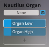 Nautilus Organ interface with options for None, Organ Low, and Organ High, part of the Vienna Symphonic Library Synchron Smart Orchestra.