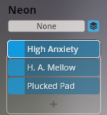 Screenshot displaying the Synchron Smart Orchestra software interface with Neon selected, showing preset options High Anxiety, H. A. Mellow, and Plucked Pad.