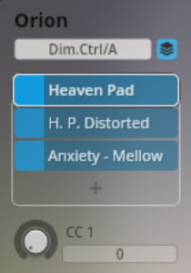Screenshot of the Orion sound selection interface for Synchron Smart Orchestra, showing Heaven Pad, H. P. Distorted, and Anxiety - Mellow sound options.