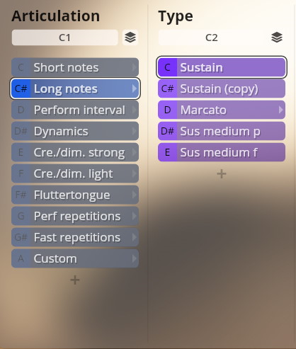 User interface showing articulation and type options for Vienna Instruments like Studio Dimension Brass, with Long Notes and Sustain selected.