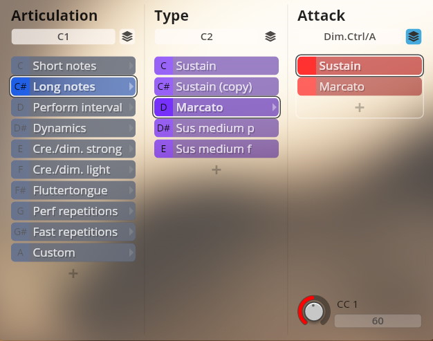 User interface for Studio Dimension Brass showing articulation, type, and attack selections for musical instrument samples.