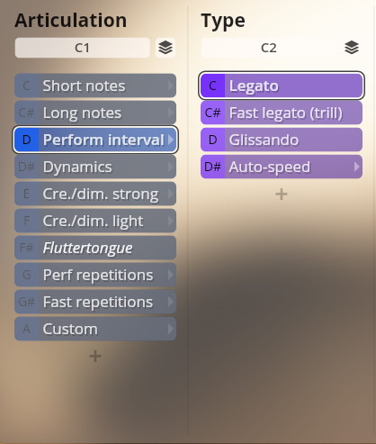 User interface showing Articulation and Type options for Studio Dimension Brass, with Perform interval and Legato selected.