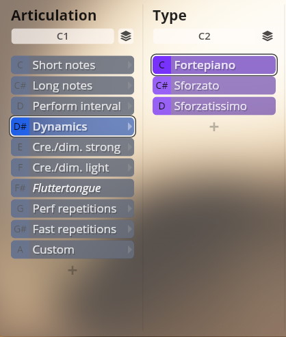 Software interface showing Studio Dimension Brass articulation and type configuration options for musical instrument samples, with Dynamics Fortepiano Sforzato Sforzatissimo selected.
