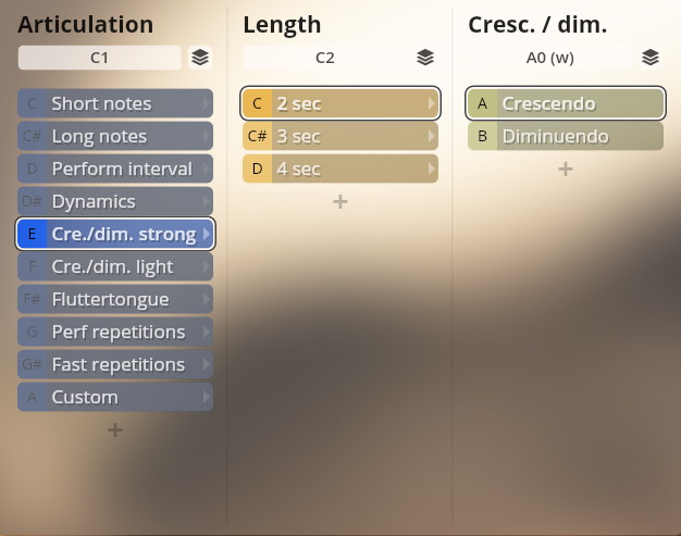 Vienna Instruments Studio Dimension Brass user interface showing articulation, length, and crescendo/diminuendo controls.