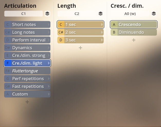 User interface for Studio Dimension Brass software showing Articulation, Length, and Crescendo/Diminuendo options.