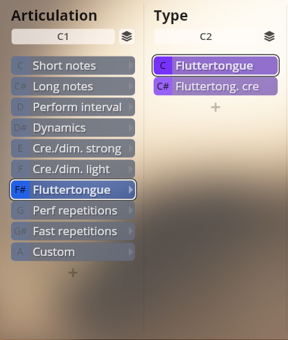 Screenshot of the Studio Dimension Brass software interface, showing 'Articulation' and 'Type' columns with 'Fluttertongue' selected, demonstrating available sound variations.