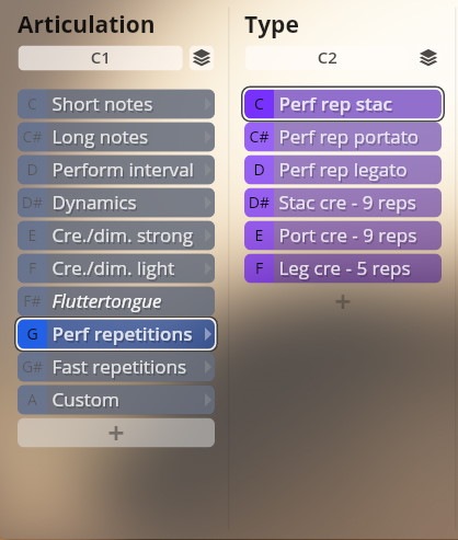 Vienna Instruments Studio Dimension Brass user interface showing Articulation and Type settings, including Perf repetitions, Short notes, and Perf rep stac.