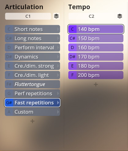User interface of Studio Dimension Brass II showing Articulation and Tempo settings. Articulation options include Short Notes, Long Notes, Dynamics, Fluttetongue, and selected Fast Repetitions. Tempo settings range from 140 bpm to 200 bpm.