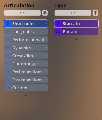 User interface showing musical articulation and type selection for Studio Dimension Brass virtual instrument, with options like short notes, staccato, portamento, dynamics, and custom settings.