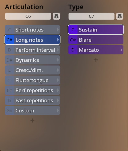 Studio Dimension Brass software interface showing articulation and type selection options including Long notes selected on the left and Sustain selected on the right for advanced brass instrument sound control.