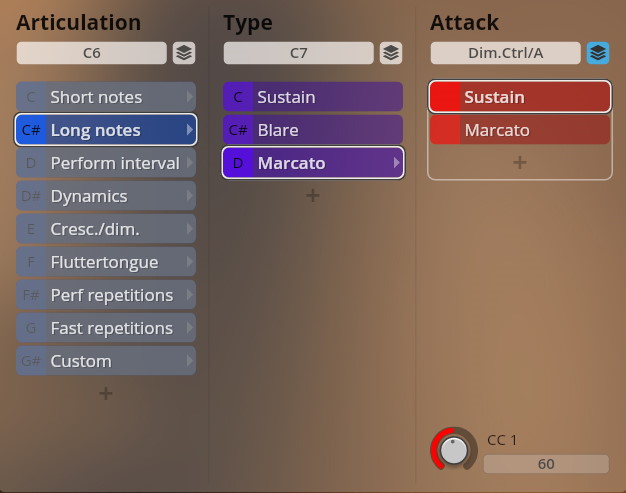 User interface displaying parameters for Studio Dimension Brass virtual instrument, showing Articulation, Type, and Attack settings with options like Long notes, Sustain, and Marcato.