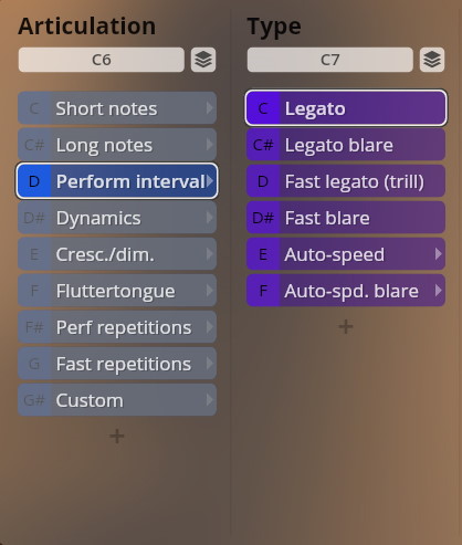 Studio Dimension Brass software interface displaying Articulation and Type settings for musical performance, highlighting Legato and Perform Interval options.