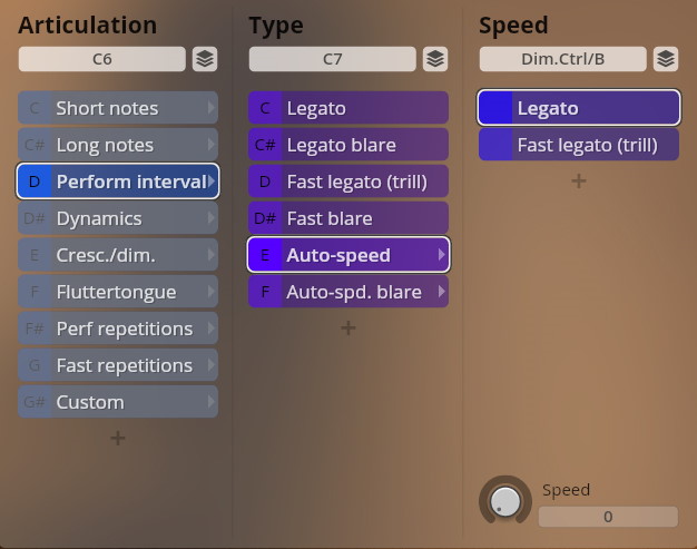 Studio Dimension Brass instrument software interface showing articulation, type, and speed controls with options for performance intervals, legato, and auto-speed settings.