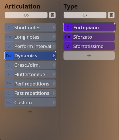 User interface showing articulation and type settings for Studio Dimension Brass, with Dynamics selected under Articulation and Fortepiano selected under Type.