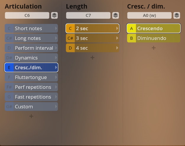 Studio Dimension Brass software interface displaying articulation, length, and crescendo/diminuendo controls for sound customization.
