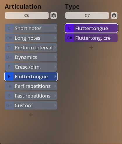 Screenshot of the Studio Dimension Brass virtual instrument interface showing articulation and type options, with Fluttertongue selected under both categories for brass sound customization.