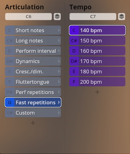 Screenshot of the Studio Dimension Brass virtual instrument interface showing articulation and tempo options, including fast repetitions and 140 bpm.