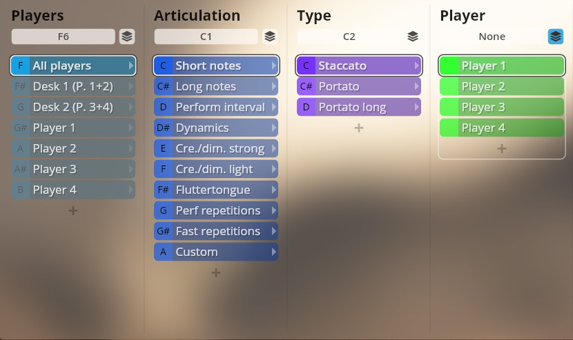 Screenshot of the Studio Dimension Brass virtual instrument interface, showing Player, Articulation, and Type selection menus for sound customization, including options like Staccato, Portato, and various performance types.