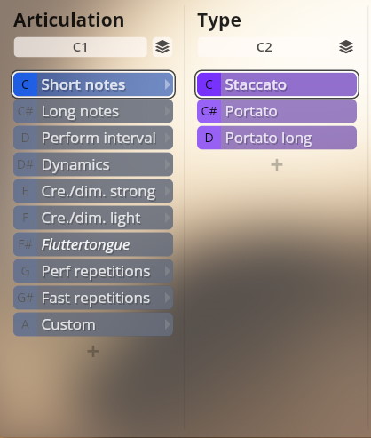 User interface with Articulation and Type menus for Vienna Instruments Studio Dimension Brass library, showing sound control options like Short notes, Staccato, and Portato for musical phrasing.