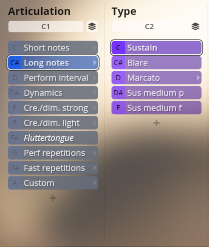 Studio Dimension Brass software interface showcasing selectable articulations like Long notes and types including Sustain, used for virtual instrument control.