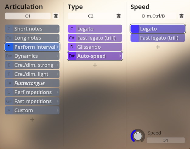 Studio Dimension Brass virtual instrument interface showing articulation, type, and speed settings for musical performance.