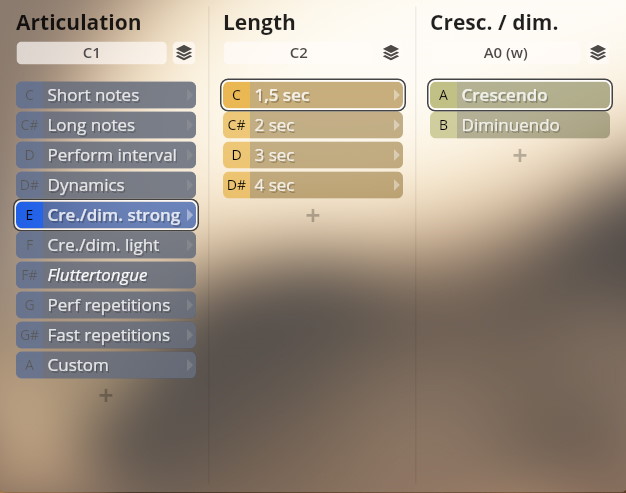 User interface displaying Articulation, Length, and Crescendo/Diminuendo musical parameters for Studio Dimension Brass software.