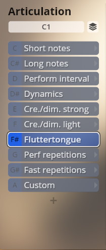 Vienna Studio Dimension Brass software interface showing articulation options including Short notes Long notes Dynamics and Fluttertongue highlighted