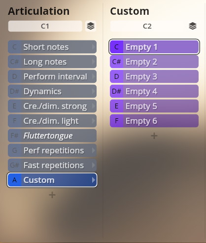 A screenshot of the Studio Dimension Brass software interface showing midi key commands for musical articulations and custom settings.