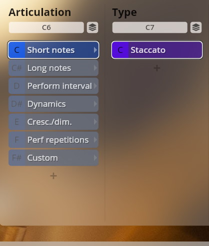 Studio Dimension Brass software interface displaying Articulation and Type settings including Short notes and Staccato options.