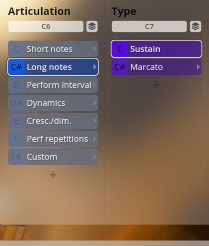 Studio Dimension Brass sound library interface showing selected articulation of Long notes and Type as Sustain with other options like Short notes, Marcato, Dynamics, and Custom.