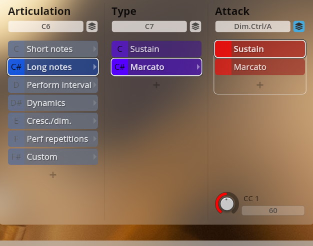 Studio Dimension Brass user interface showing articulation, type, and attack settings with Long notes, Marcato, and Sustain options selected.