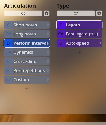 Studio Dimension Brass software interface showing articulation and type options including perform interval, legato, and auto-speed.