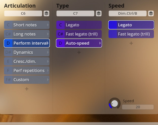 User interface for Studio Dimension Brass showing articulation, type, and speed settings.