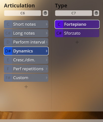 User interface for Studio Dimension Brass showing Articulation and Type selection menus, with Dynamics highlighted and Fortepiano selected.