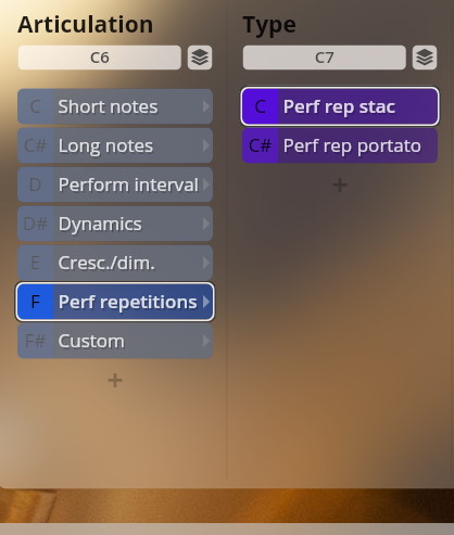 Interface displaying sound articulations and types like short notes, long notes, dynamics, performance repetitions, staccato, and portato for Vienna Instruments software.
