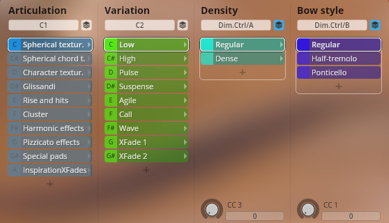 User interface for Synchron FX Strings virtual instrument, showing adjustable parameters for articulation, variation, density, and bow style, with options like Spherical Texture, Low, Regular, and Half-tremolo.