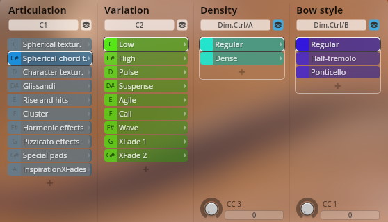 Vienna Symphonic Library Synchron FX Strings instrument articulation, variation, density, and bow style settings interface.