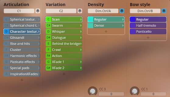 Vienna Symphonic Library Synchron FX Strings user interface showing articulation, variation, density, and bow style controls for musical instrument samples.