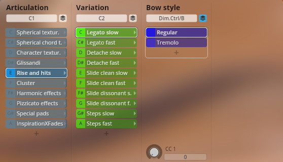 Vienna Symphonic Library Synchron FX Strings instrument interface showing articulation, variation, and bow style settings, with Rise and hits, Legato slow, and Regular selected.