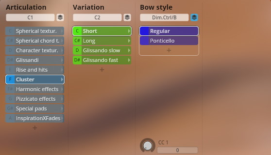Vienna Symphonic Library Synchron FX Strings instrument articulation, variation, and bow style settings showing Cluster, Short, and Regular options selected.