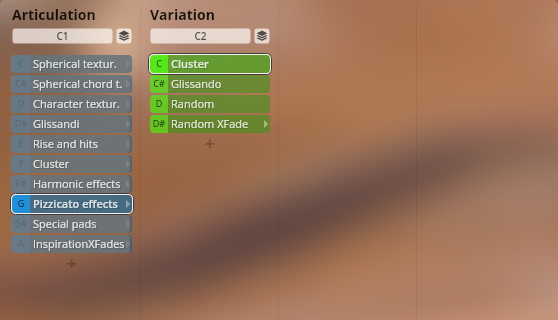 Graphic user interface showing Vienna Symphonic Library Synchron FX Strings articulation and variation options. Articulation list includes Spherical textures, Glissandi, Cluster, Harmonic effects, and selected Pizzicato effects. Variation list shows Cluster, Glissando, Random, and Random XFade options.