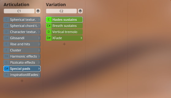 Vienna Symphonic Library Synchron FX Strings user interface showing Articulation and Variation settings including Special pads and Hades sustains.