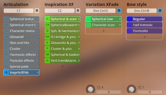 Vienna Symphonic Library Synchron FX Strings instrument interface with articulation, inspiration, variation, and bowing style controls.
