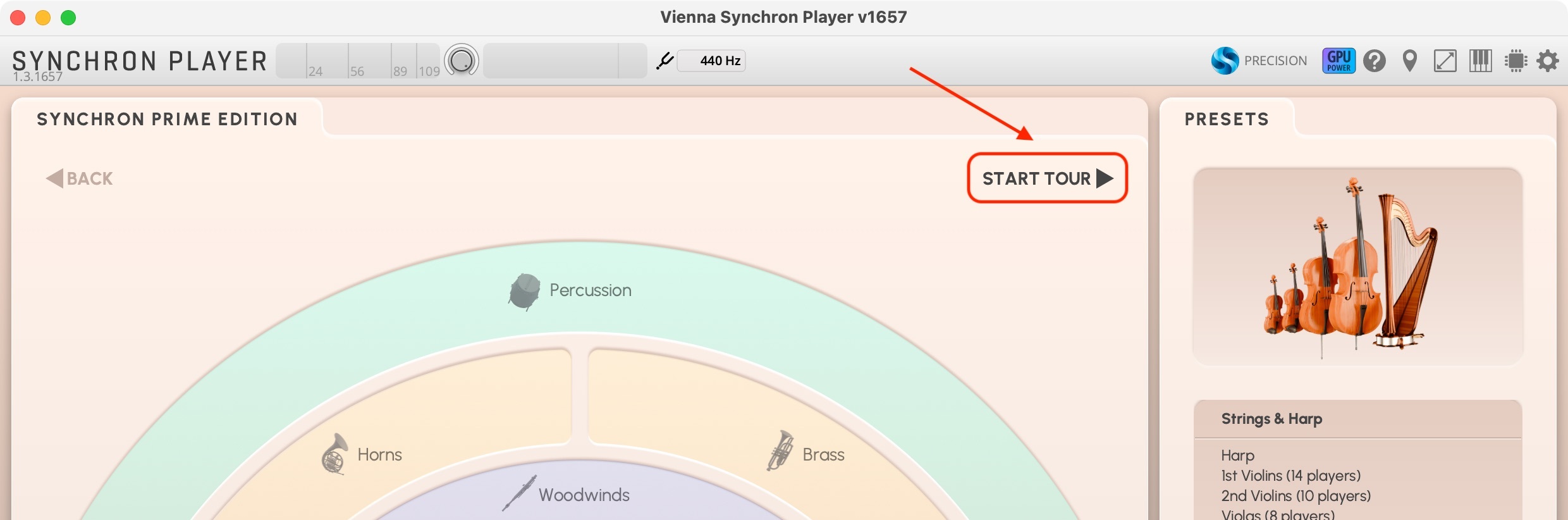 Vienna Synchron Player v1657 interface with red arrow pointing to the Start Tour button, alongside orchestral instrument presets like strings, harp, percussion, horns, and brass.