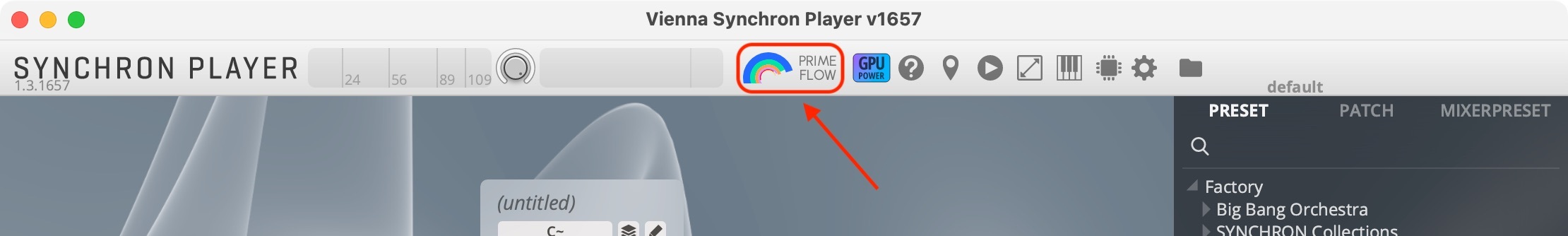 Vienna Synchron Player interface highlighting the Prime Flow button with a rainbow icon, indicating the Synchron Prime Edition.