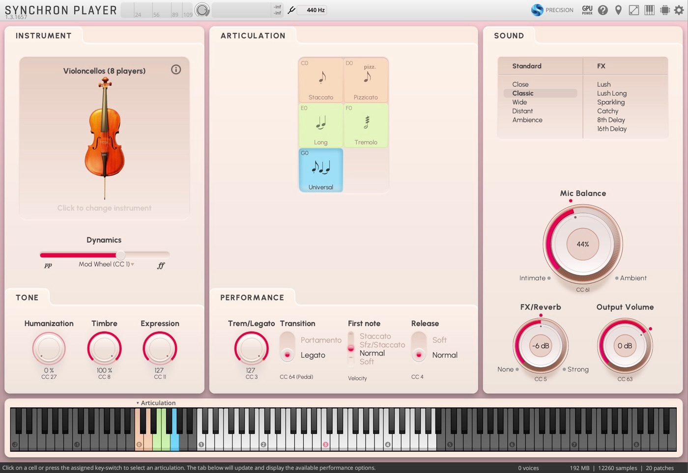 Synchron Player virtual instrument interface showing violoncellos, articulation, sound settings, and a piano roll.